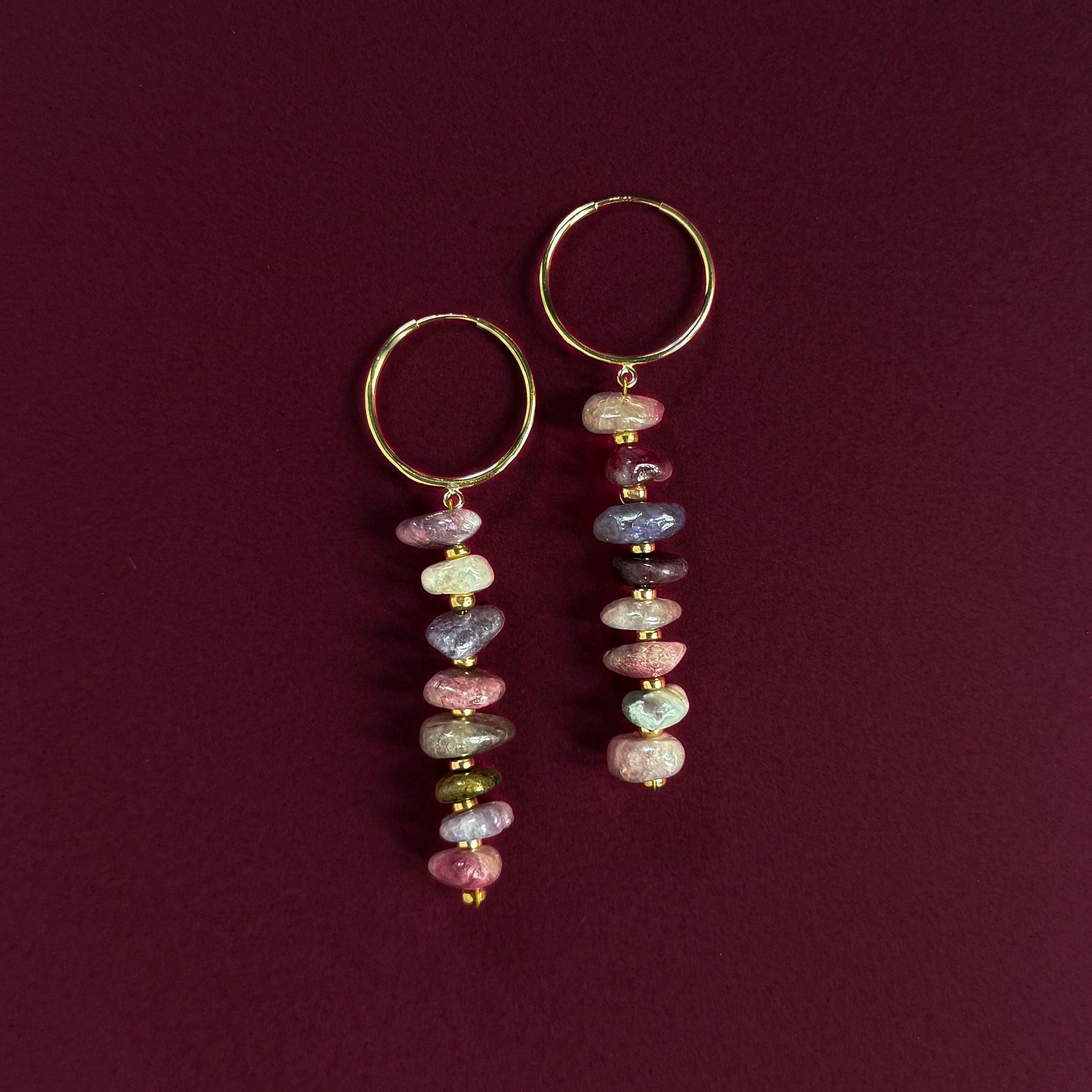 Cassis gold-filled hoop earrings with pink purple green and berry-toned natural tourmaline