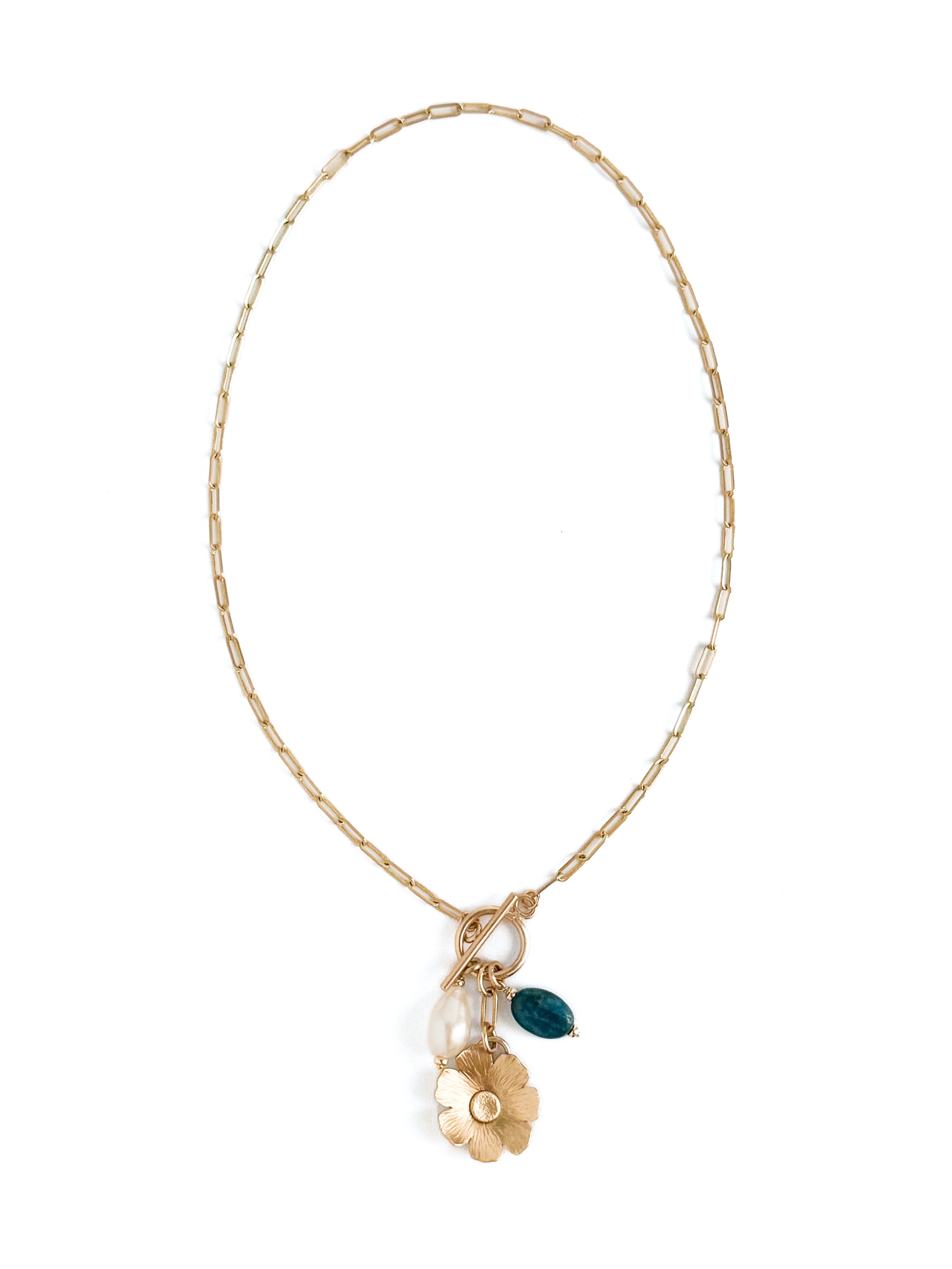 Cosmos Charm Necklace with handmade gold flower, blue apatite and freshwater pearl on 18-inch gold-filled paperclip chain