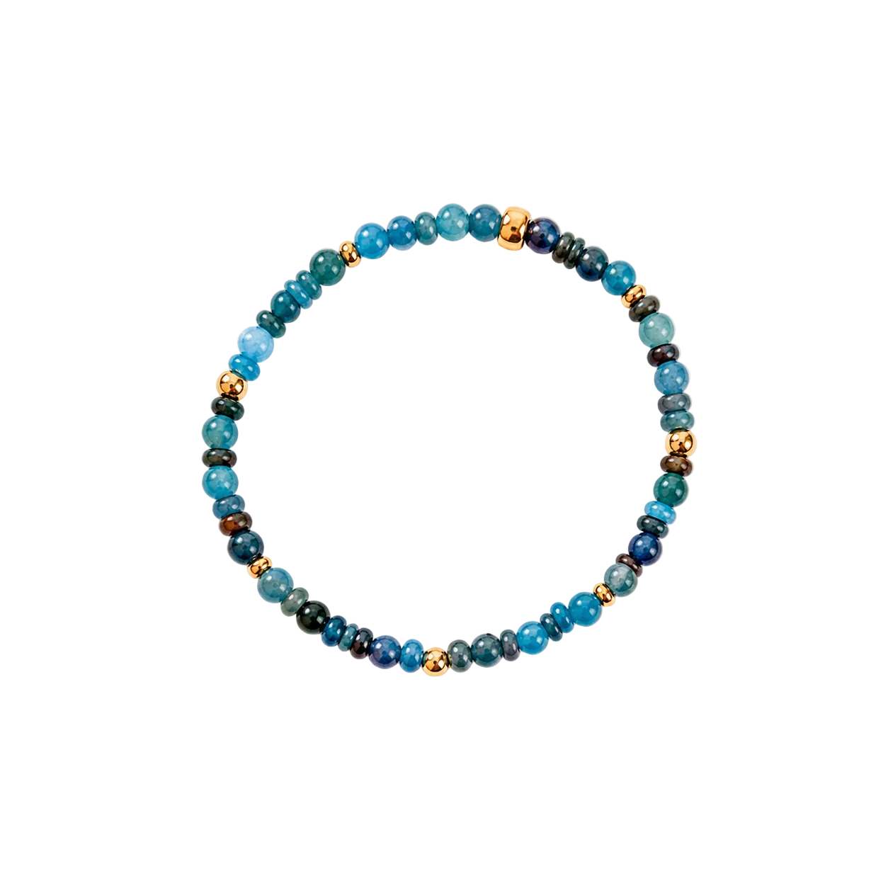 A beaded stretch bracelet featuring segments of light and dark blue apatite beads, and small metallic gold fill spacer beads, displayed on a solid cream background.