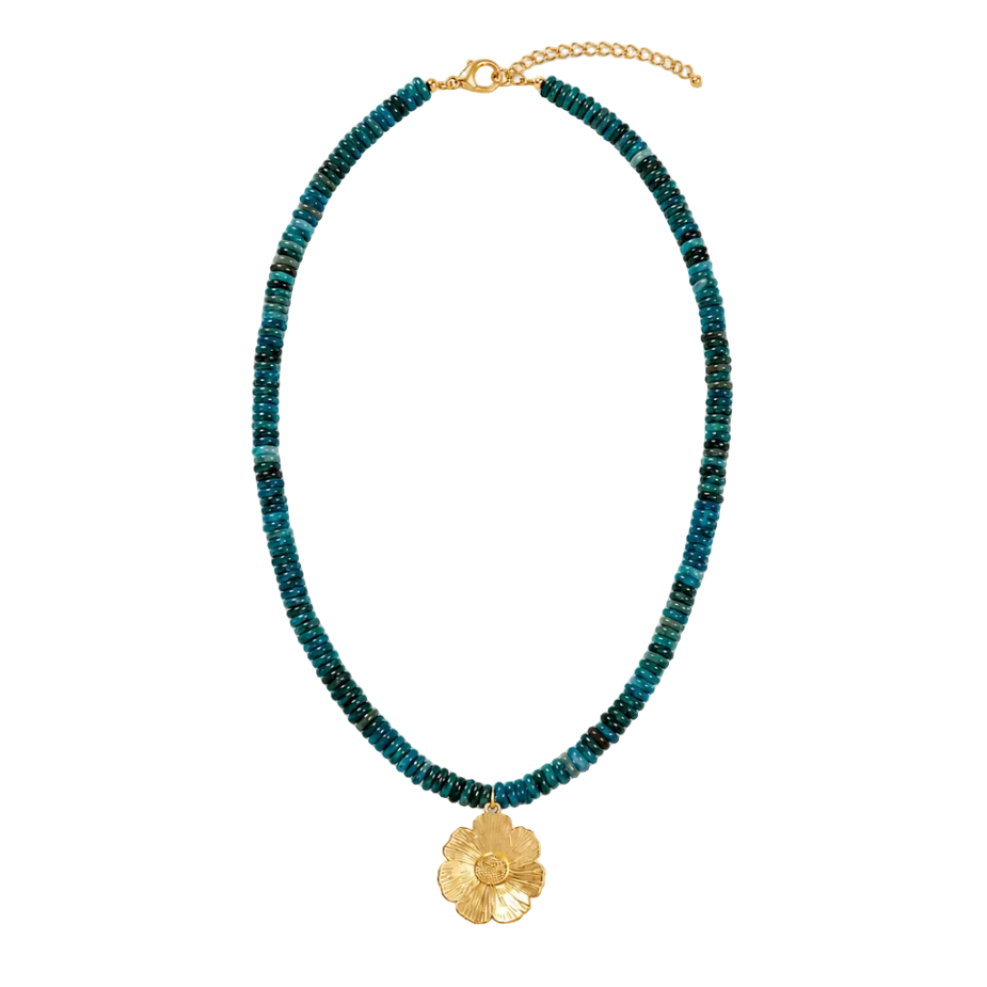 Blue apatite gemstone necklace with a handcrafted gold floral pendant