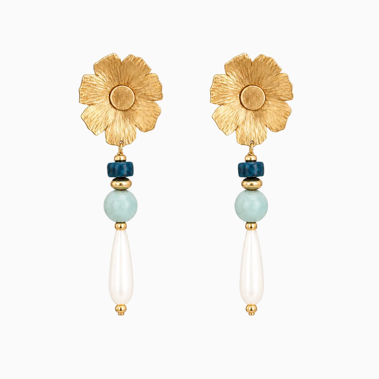 Handcrafted gold floral drop earrings featuring textured flower studs with blue apatite, amazonite, and elongated mother-of-pearl drops.