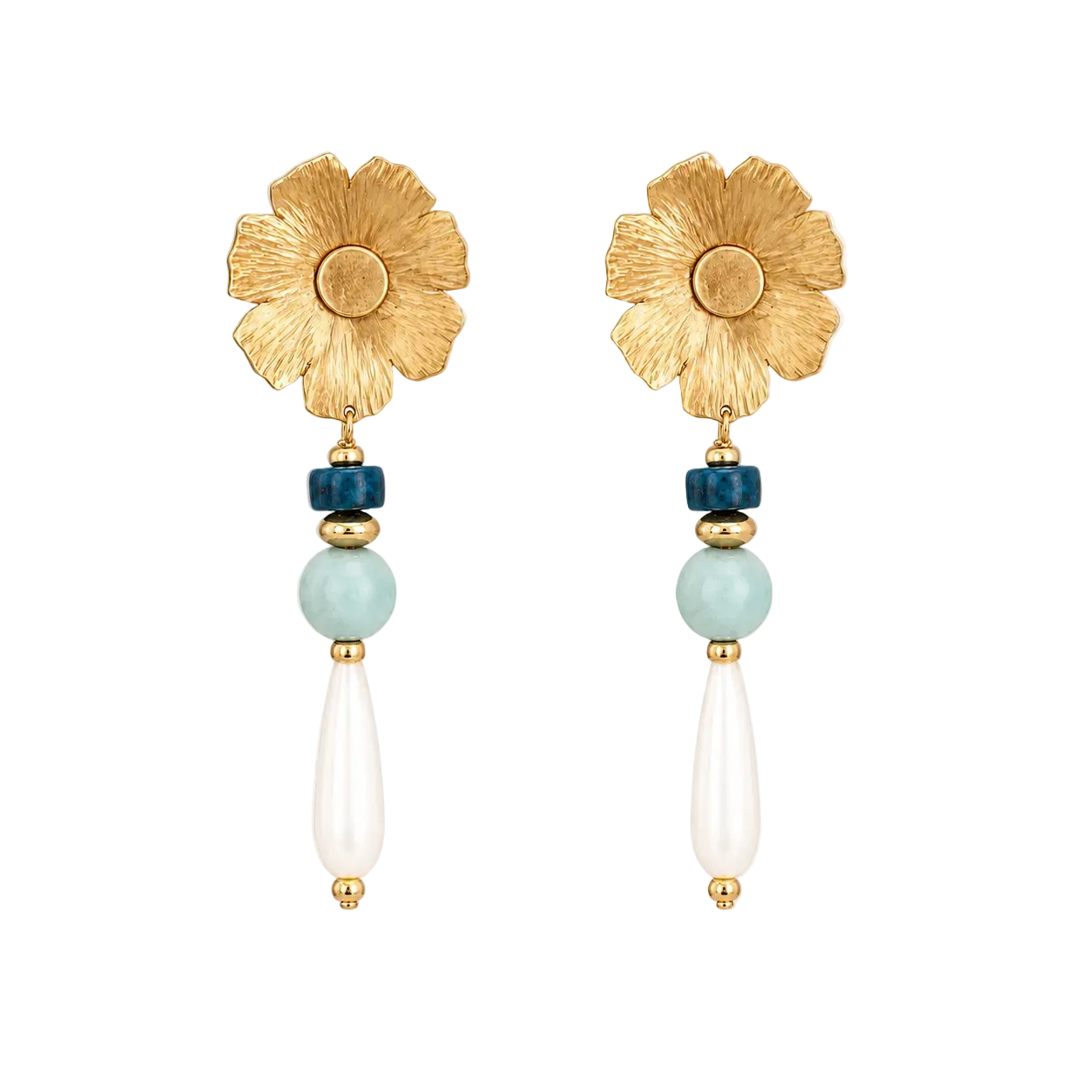 Handcrafted gold floral drop earrings featuring textured flower studs with blue apatite, amazonite, and elongated mother-of-pearl drops.