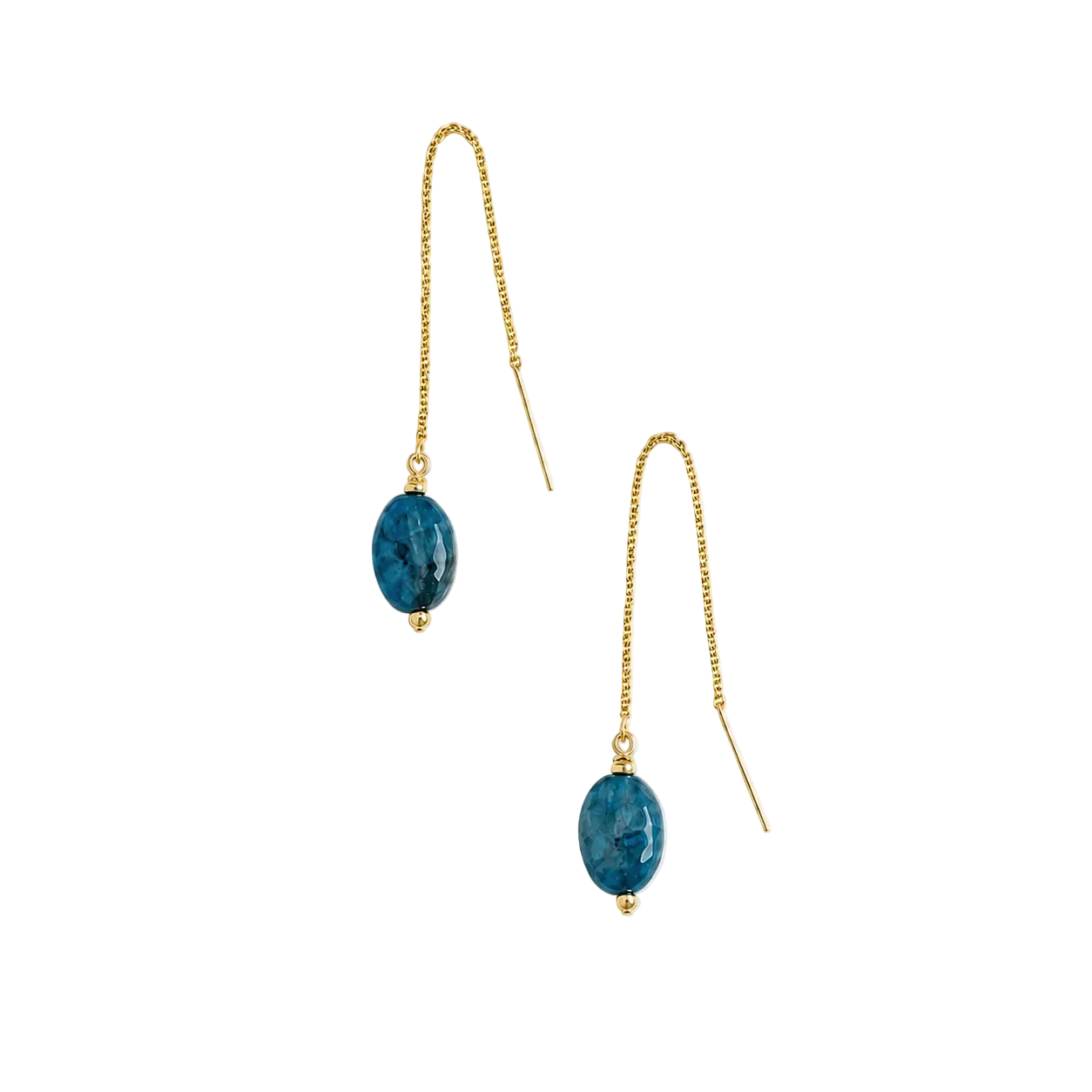 A pair of gold-tone dangle threader earrings with oval blue marbled apatite gemstone drops, shown on a clean off-white background.