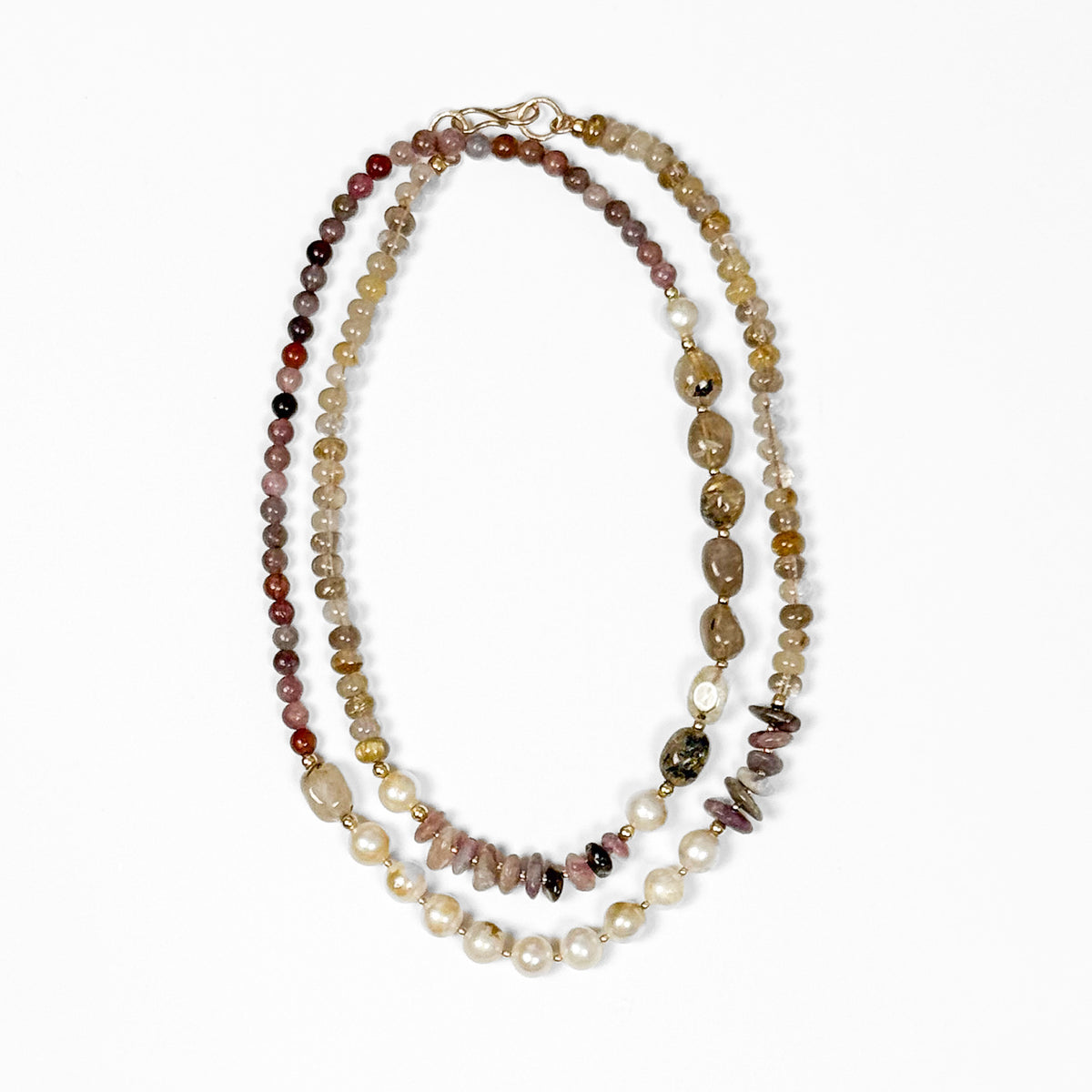 Pomona layered gemstone necklace with rutilated quartz, tourmaline and freshwater pearls in 14k gold fill