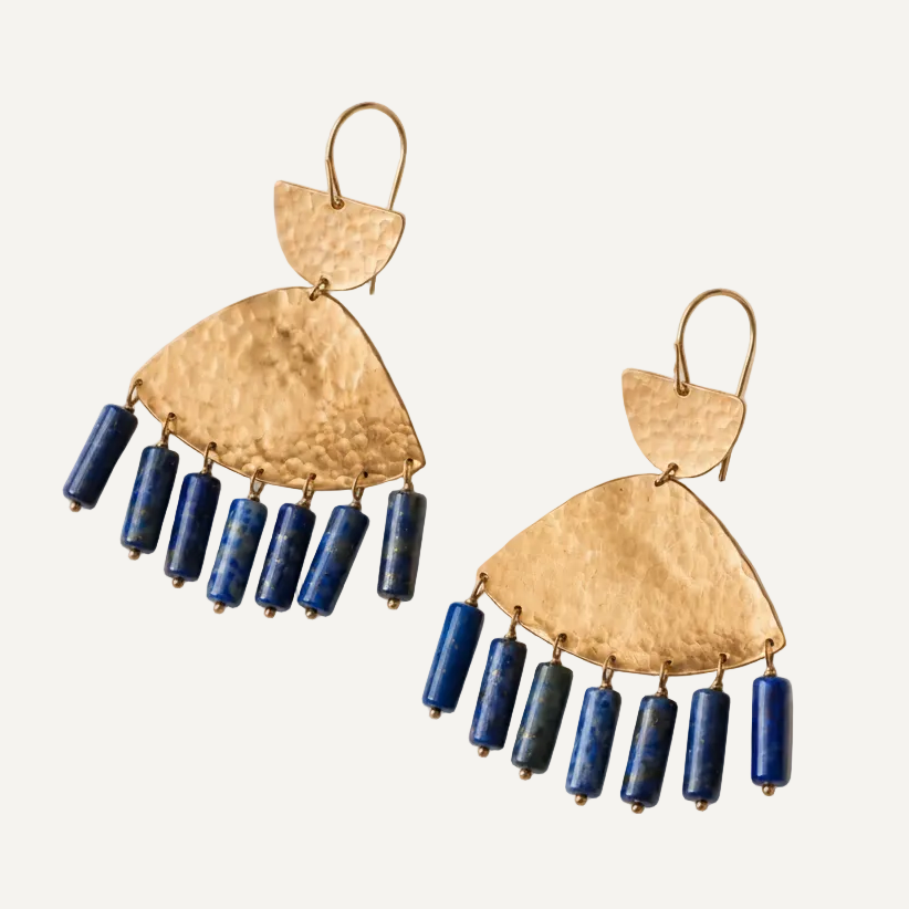 Handcrafted bronze chandelier earrings with hammered bronze and deep blue lapis lazuli gemstone drops.