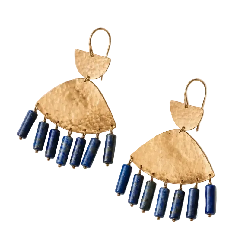 Handcrafted bronze chandelier earrings with hammered bronze and deep blue lapis lazuli gemstone drops.