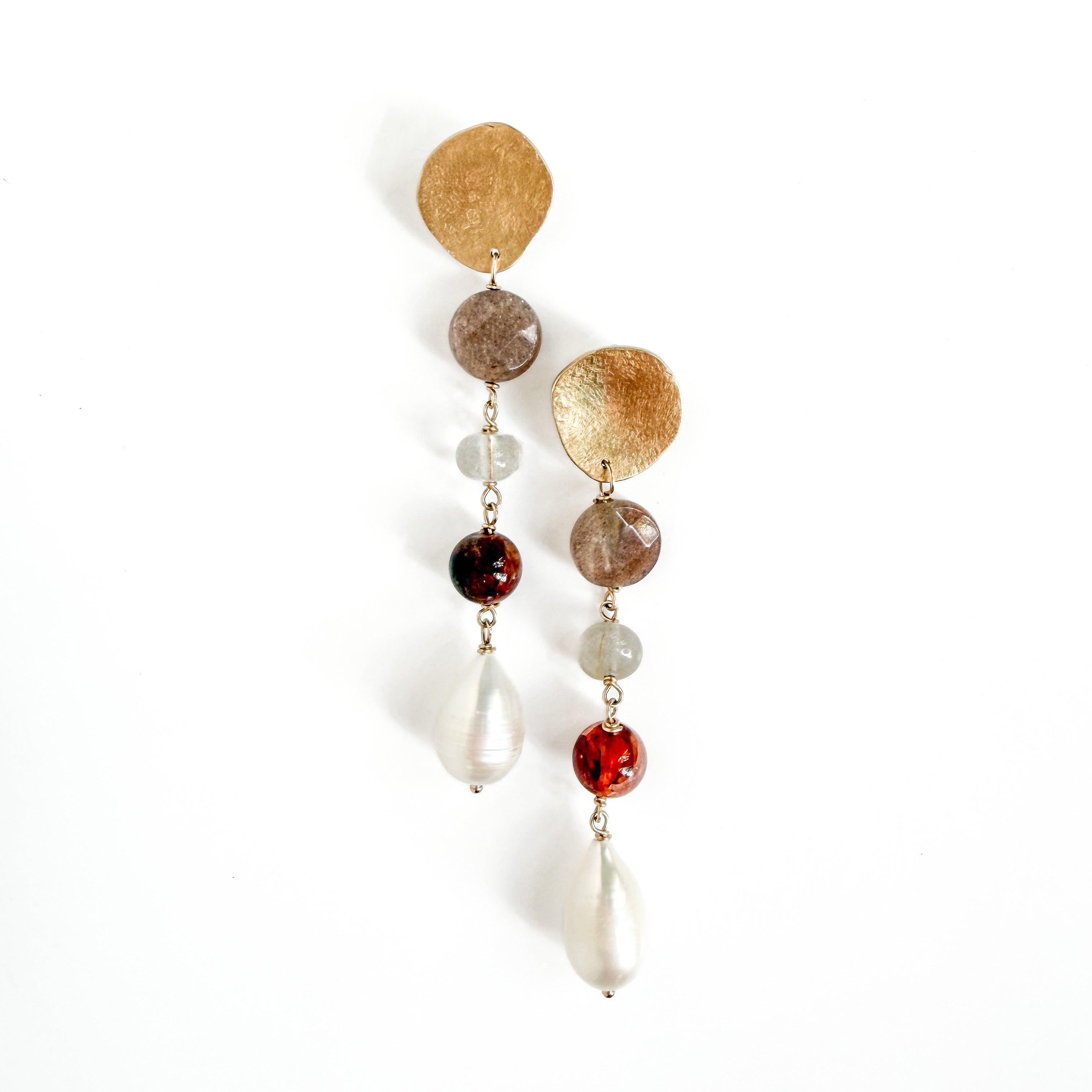 Sabine gemstone and freshwater pearl drop earrings with textured brass studs