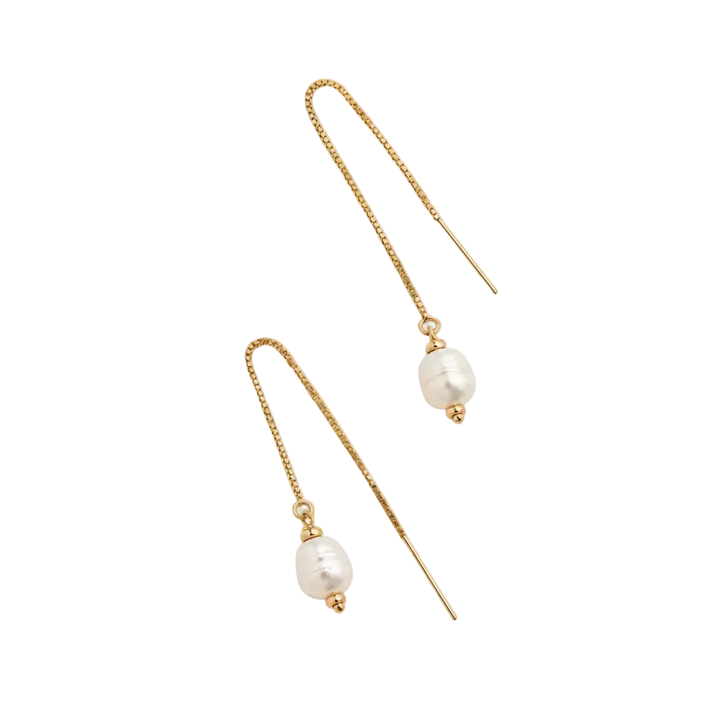 A pair of gold drop threader earrings with baroque white pearls, handmade.