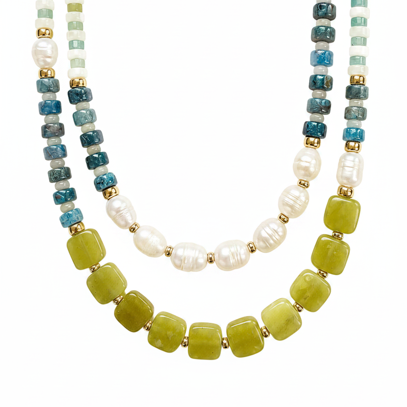 Detail of Wild Meadow Necklace with blue apatite, chartreuse jade, amazonite, mother of pearl and freshwater pearl