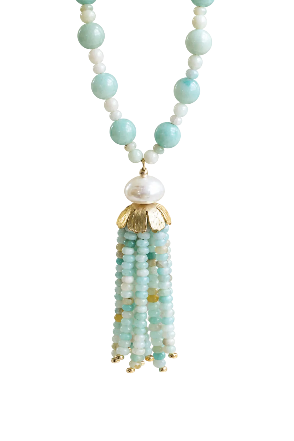 Close-up of Sylvie Necklace with freshwater pearl, handcrafted floral bead cap and seafoam amazonite beaded tassel