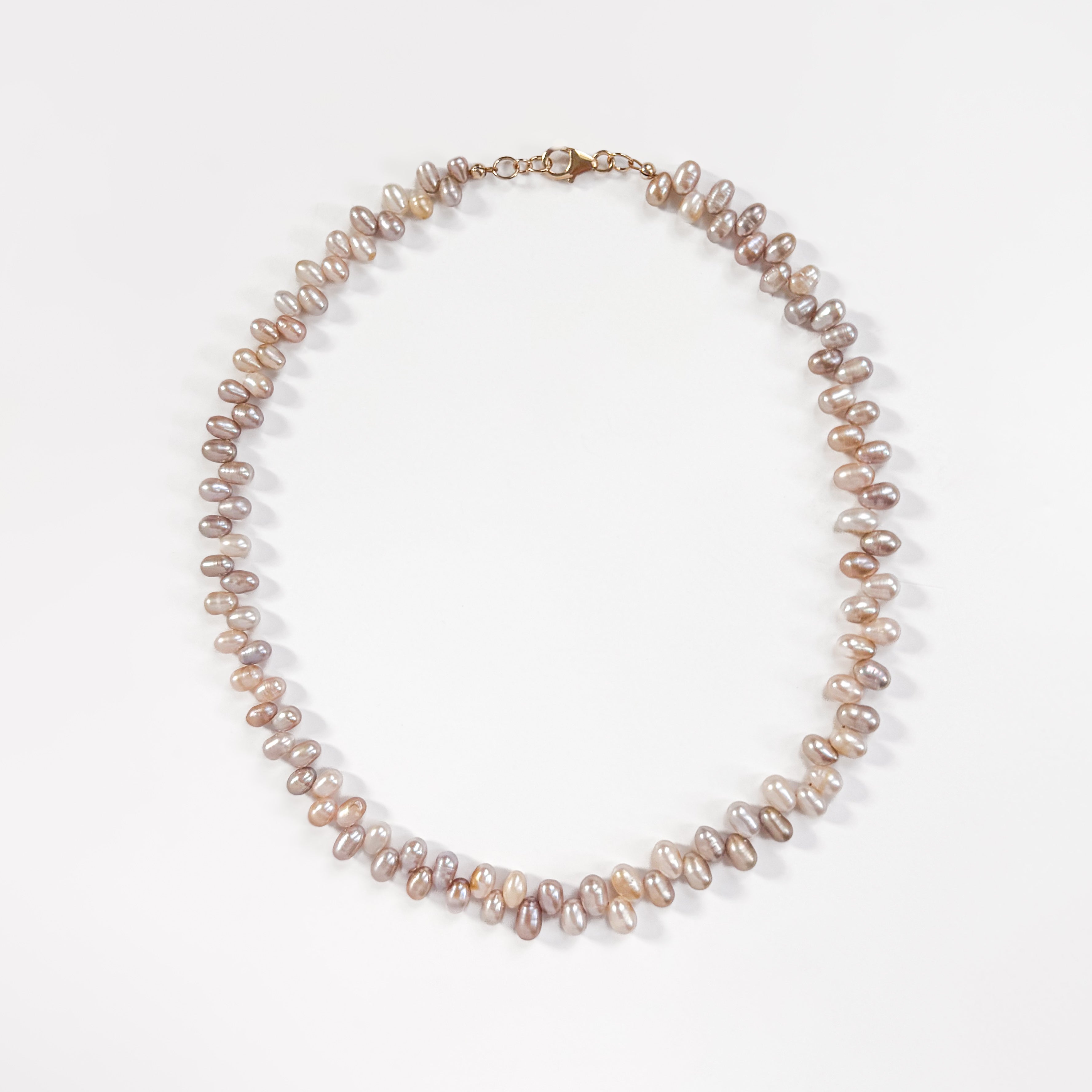 Alba freshwater pearl necklace with mauve, gold and white teardrop pearls and 14k gold-filled clasp