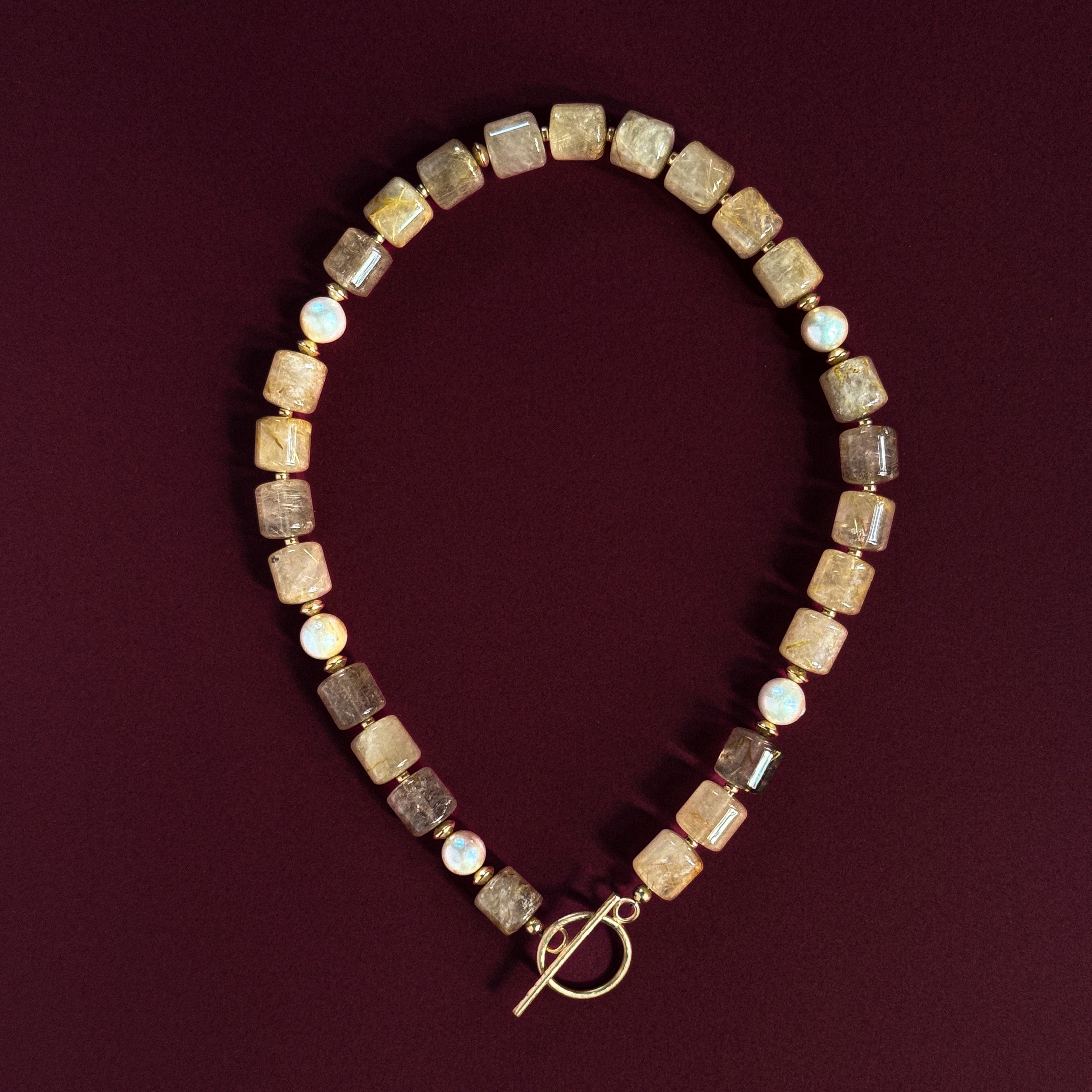 Aurelia necklace with natural golden rutilated quartz, freshwater pearls and gold-filled details