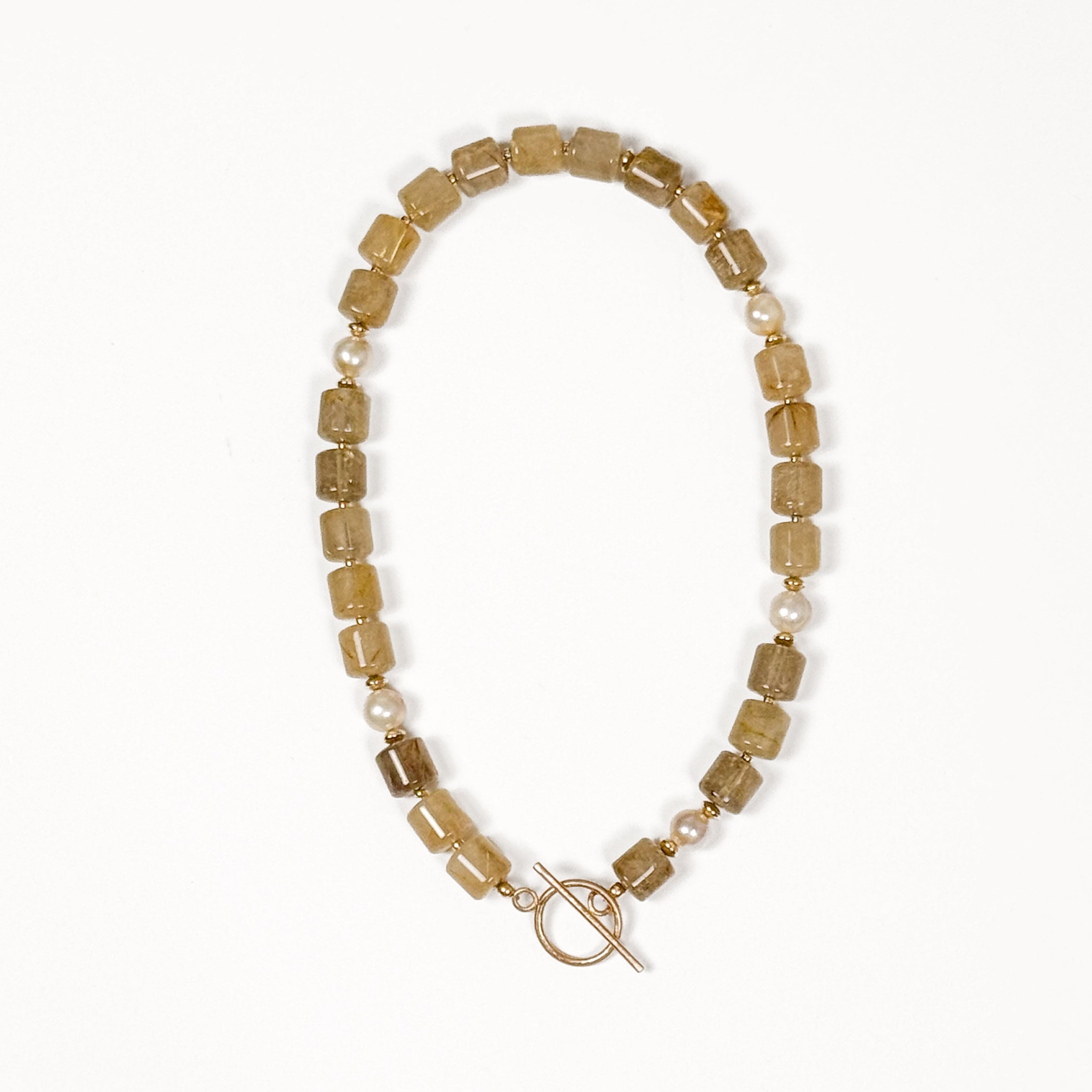 Aurelia golden rutilated quartz and freshwater pearl necklace with handmade gold-filled toggle clasp
