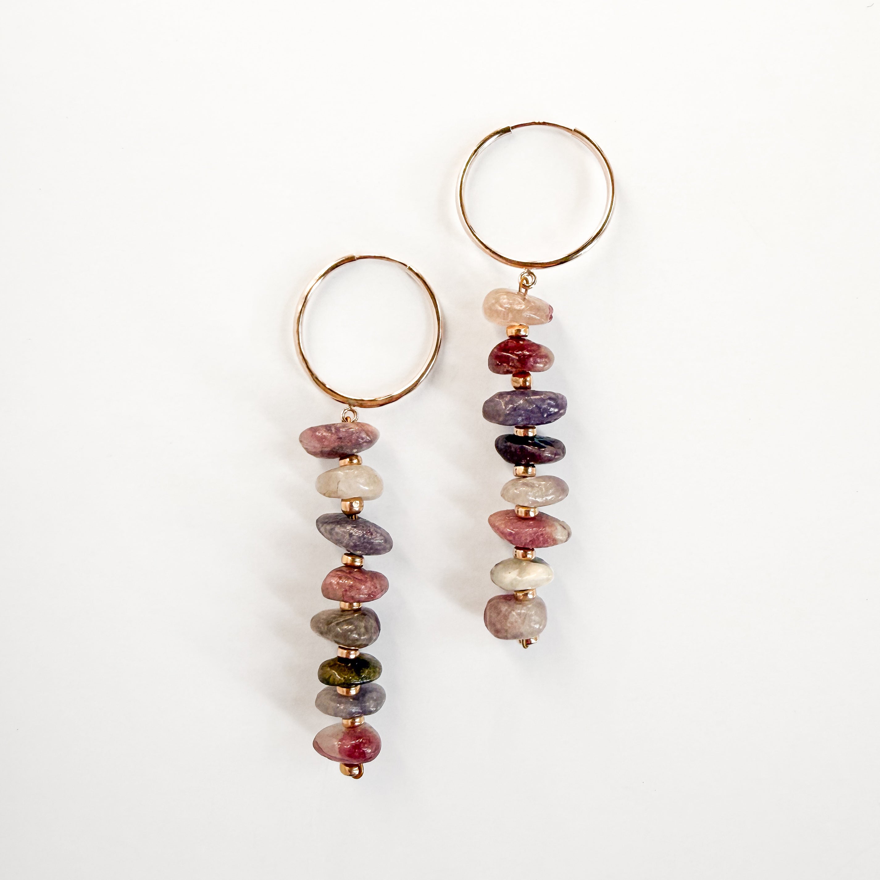 Cassis multicolor tourmaline drop hoop earrings in 14k gold fill