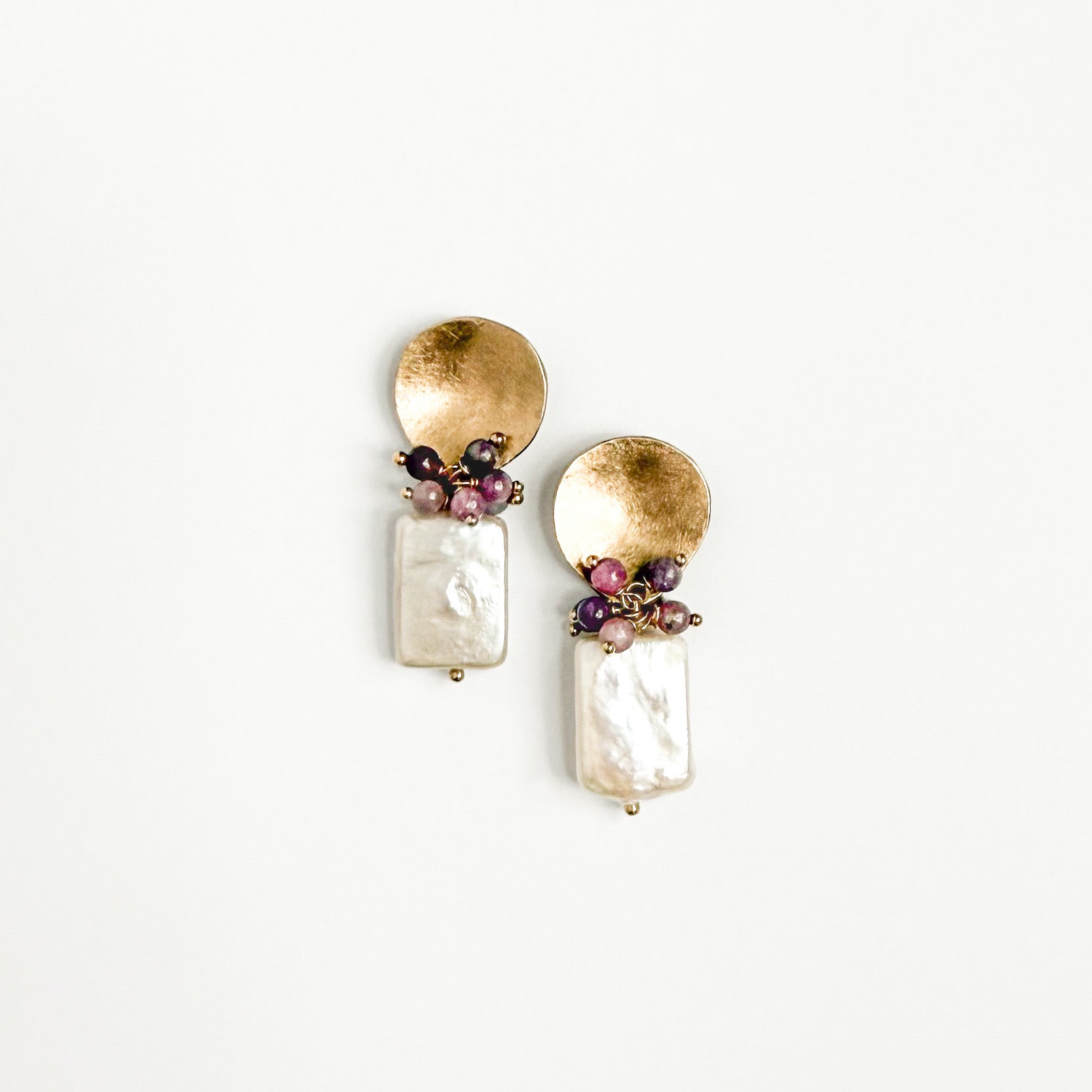 Figue ruby and Biwa pearl drop earrings with hand-textured brass pebble studs