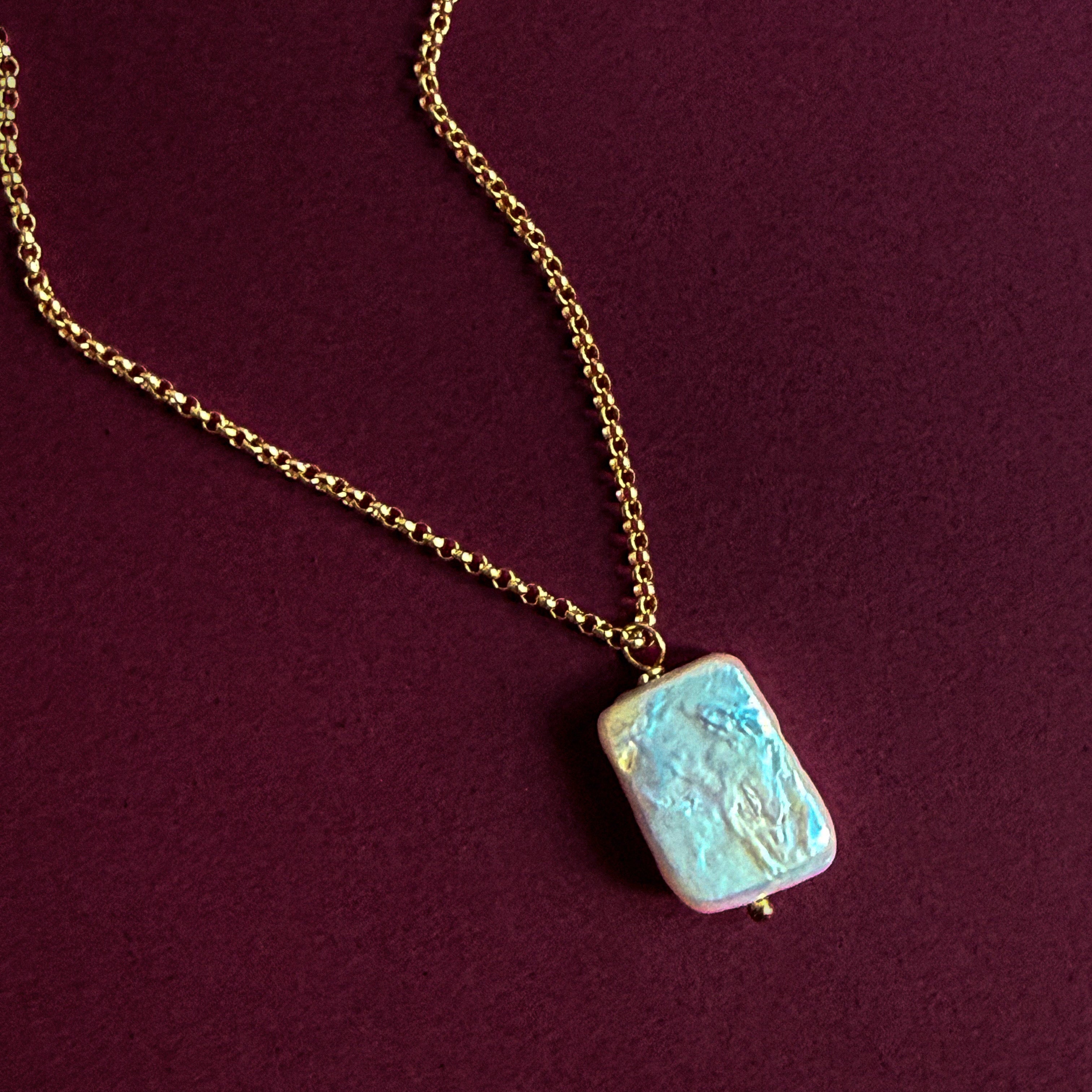 Iridescent Biwa freshwater pearl pendant with pink blue and green luster on gold-filled chain
