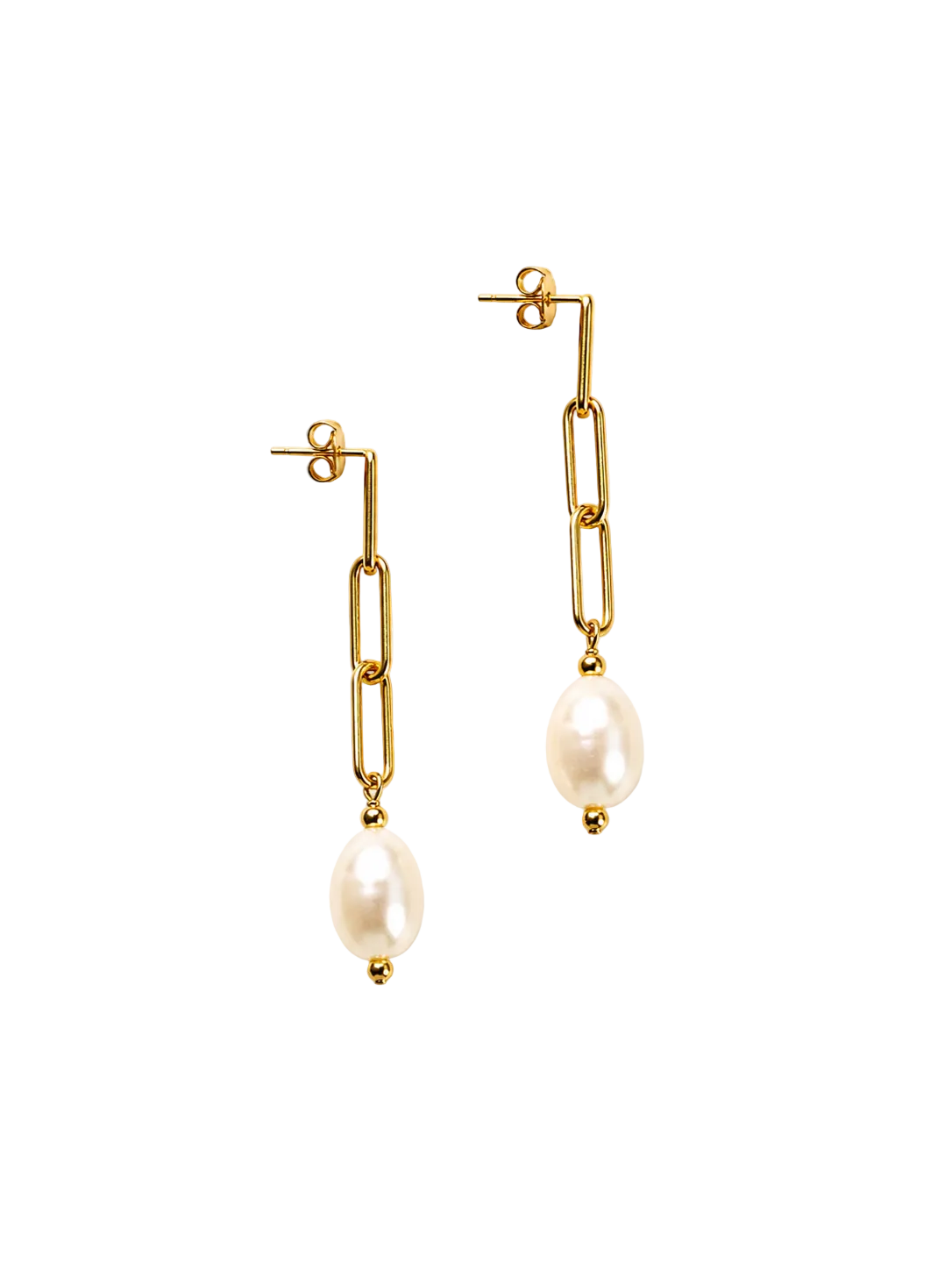 A pair of gold drop earrings featuring elongated paperclip chain links and a freshwater pearl dangle, shown on a clean off-white background.
