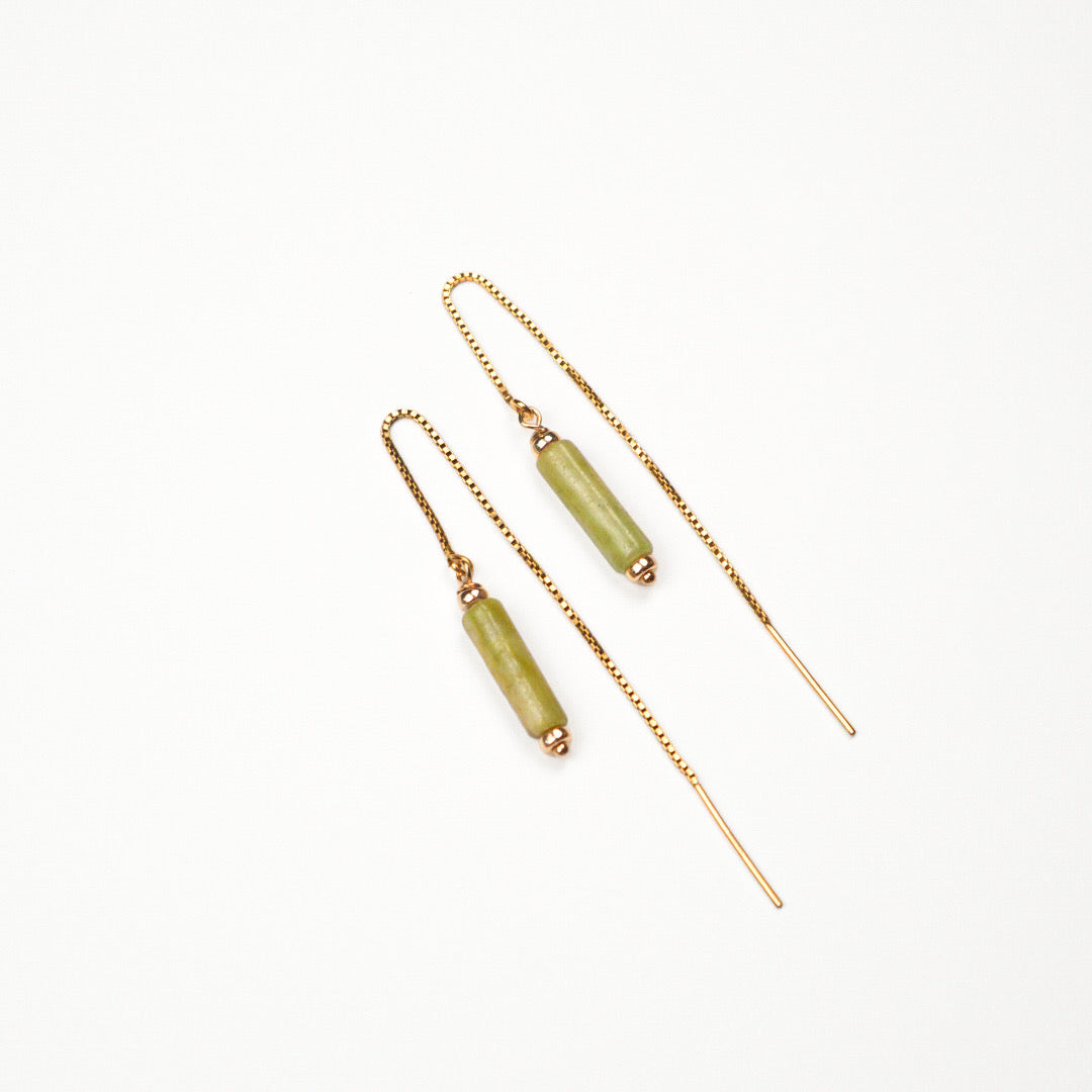 Oliva green jasper threader earrings with 14k gold-filled chain and chartreuse tube gemstones