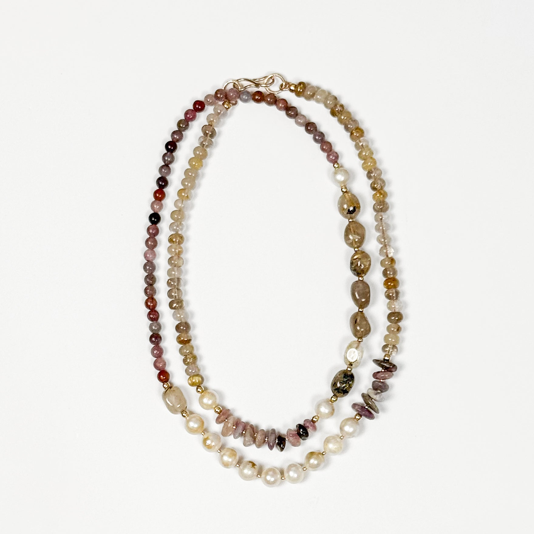 Pomona layered gemstone necklace with rutilated quartz, tourmaline and freshwater pearls in 14k gold fill