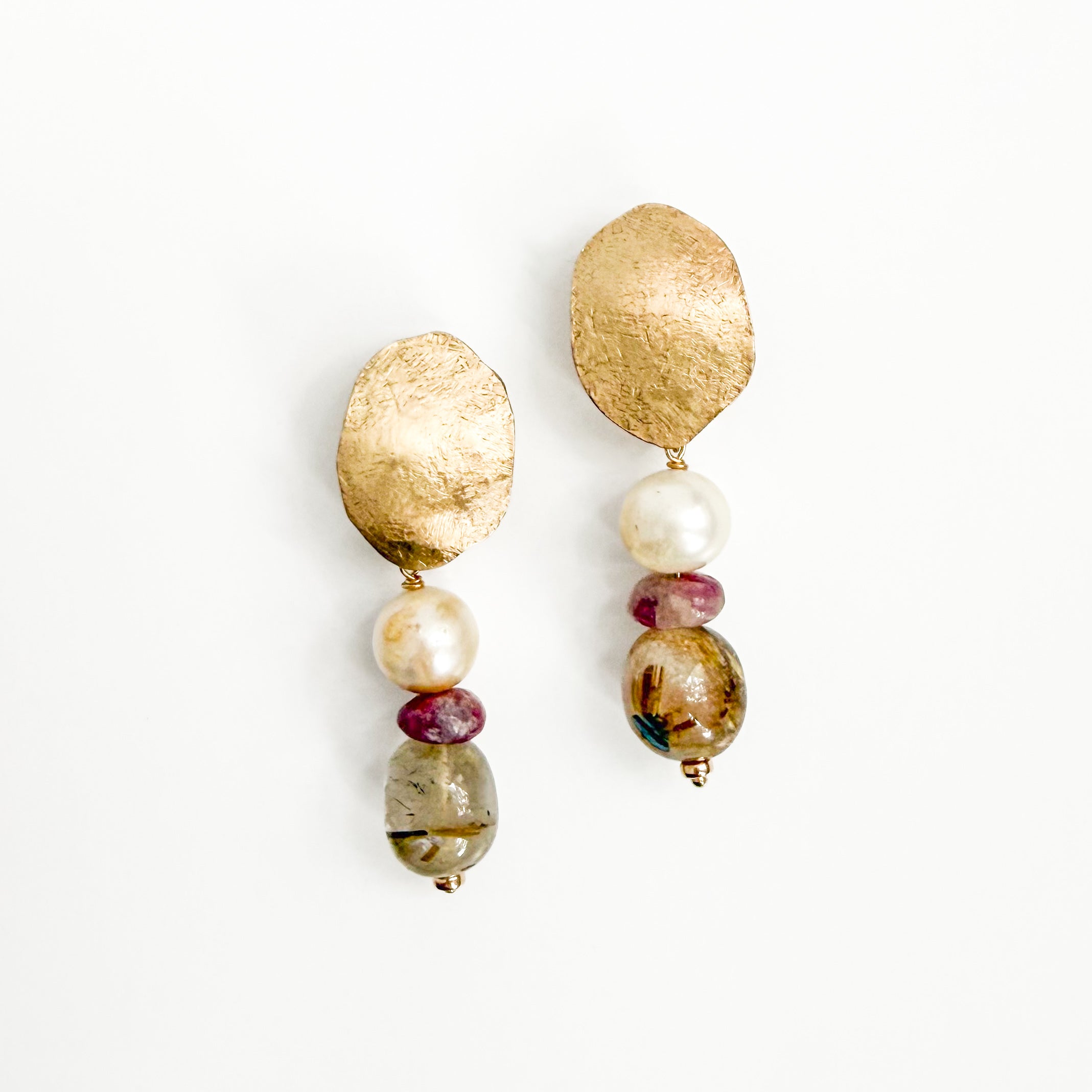 Pomona gemstone drop earrings with textured brass studs, tourmaline, rutilated quartz and freshwater pearls