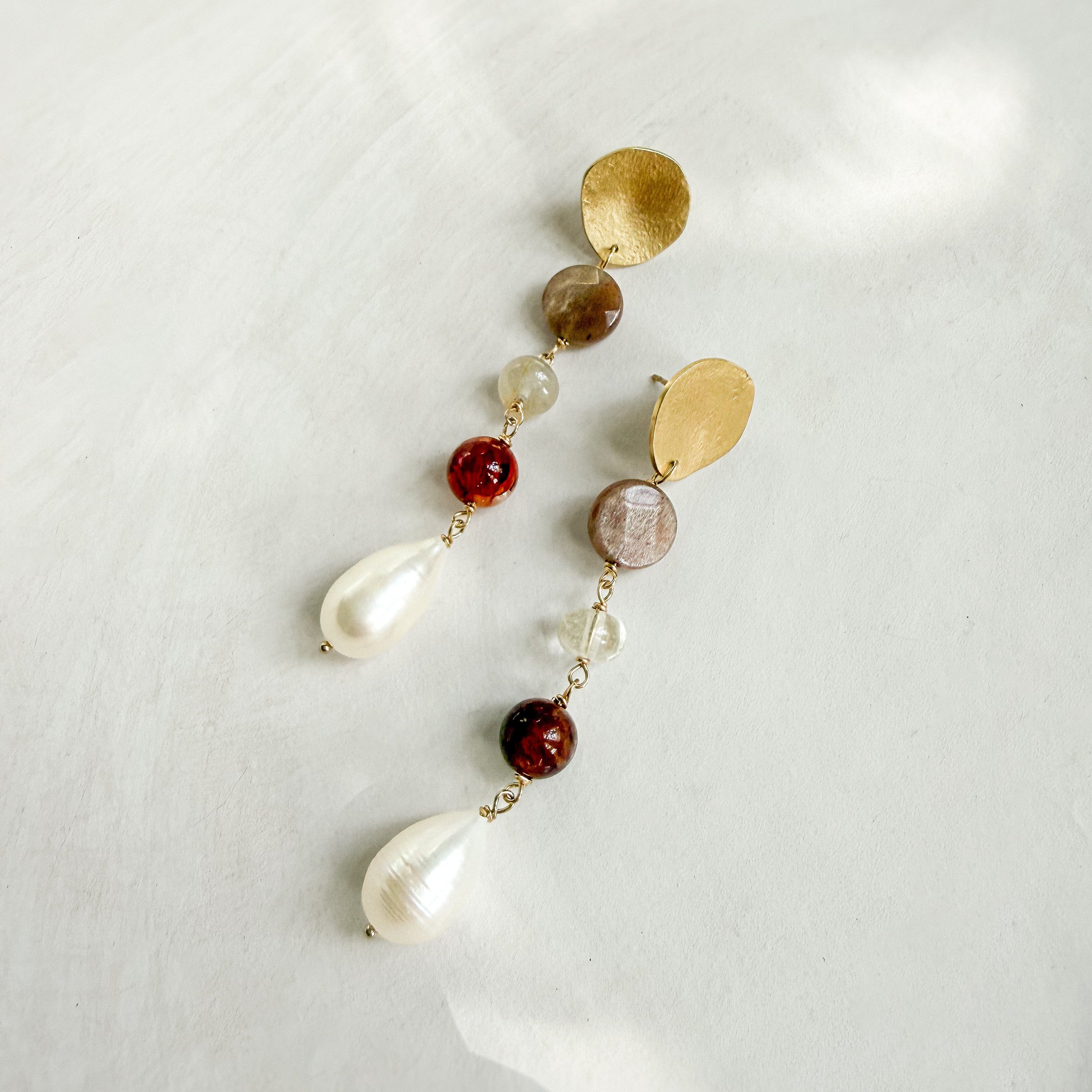 Sabine brass and gemstone drop earrings with large natural freshwater teardrop pearls