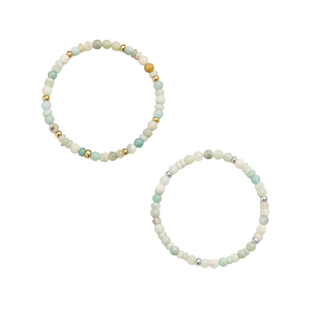 Handcrafted stretch bracelet featuring genuine natural amazonite with sterling silver or 14k gold-filled accent beads. A versatile everyday gemstone bracelet made in Texas.