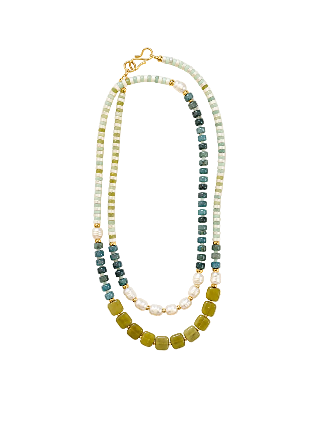 Wild Meadow long gemstone necklace with freshwater pearl, chartreuse jade, mother of pearl, blue apatite and amazonite