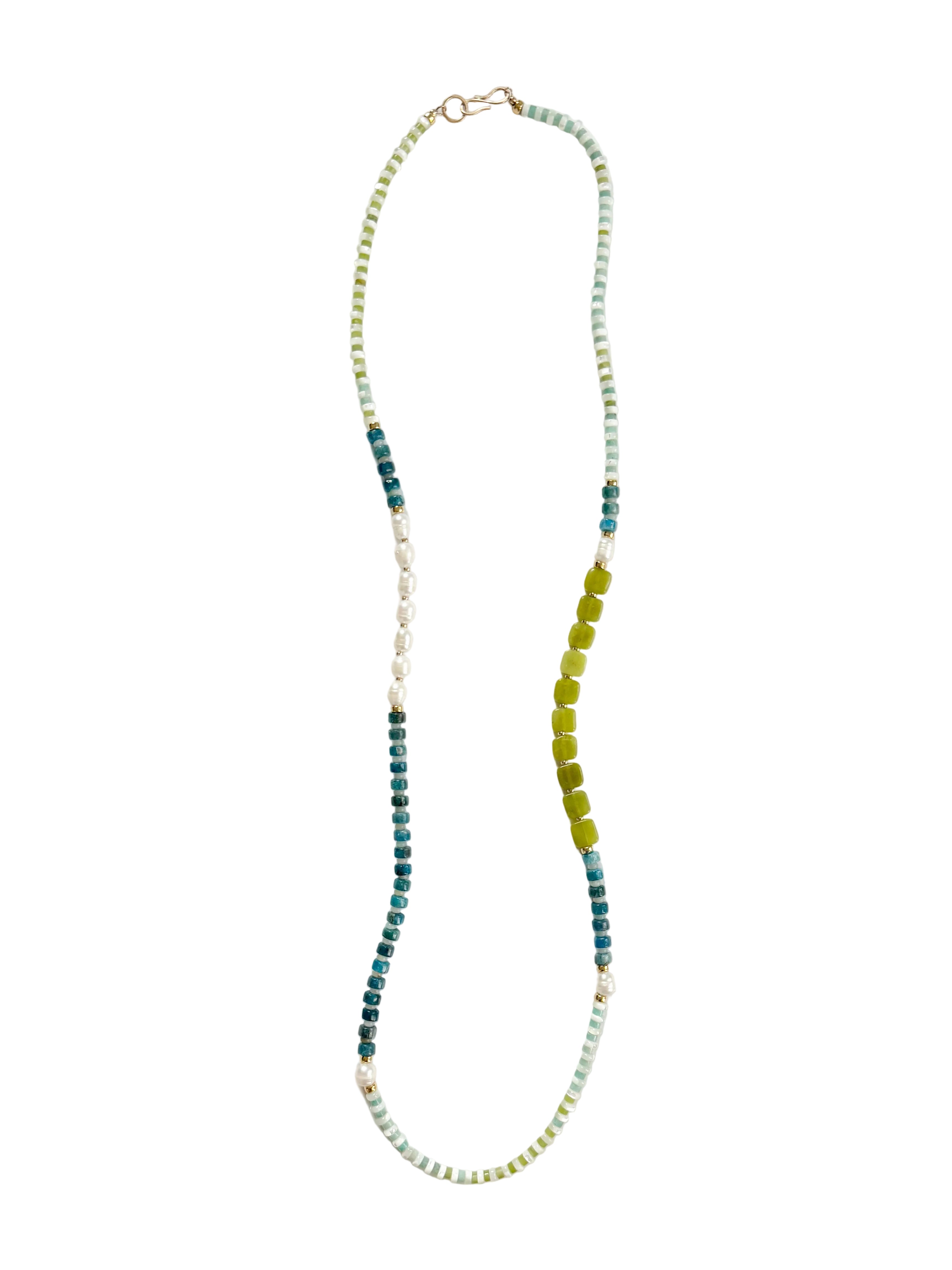 34 inch Wild Meadow mixed gemstone necklace in blue, green and pearl tones.