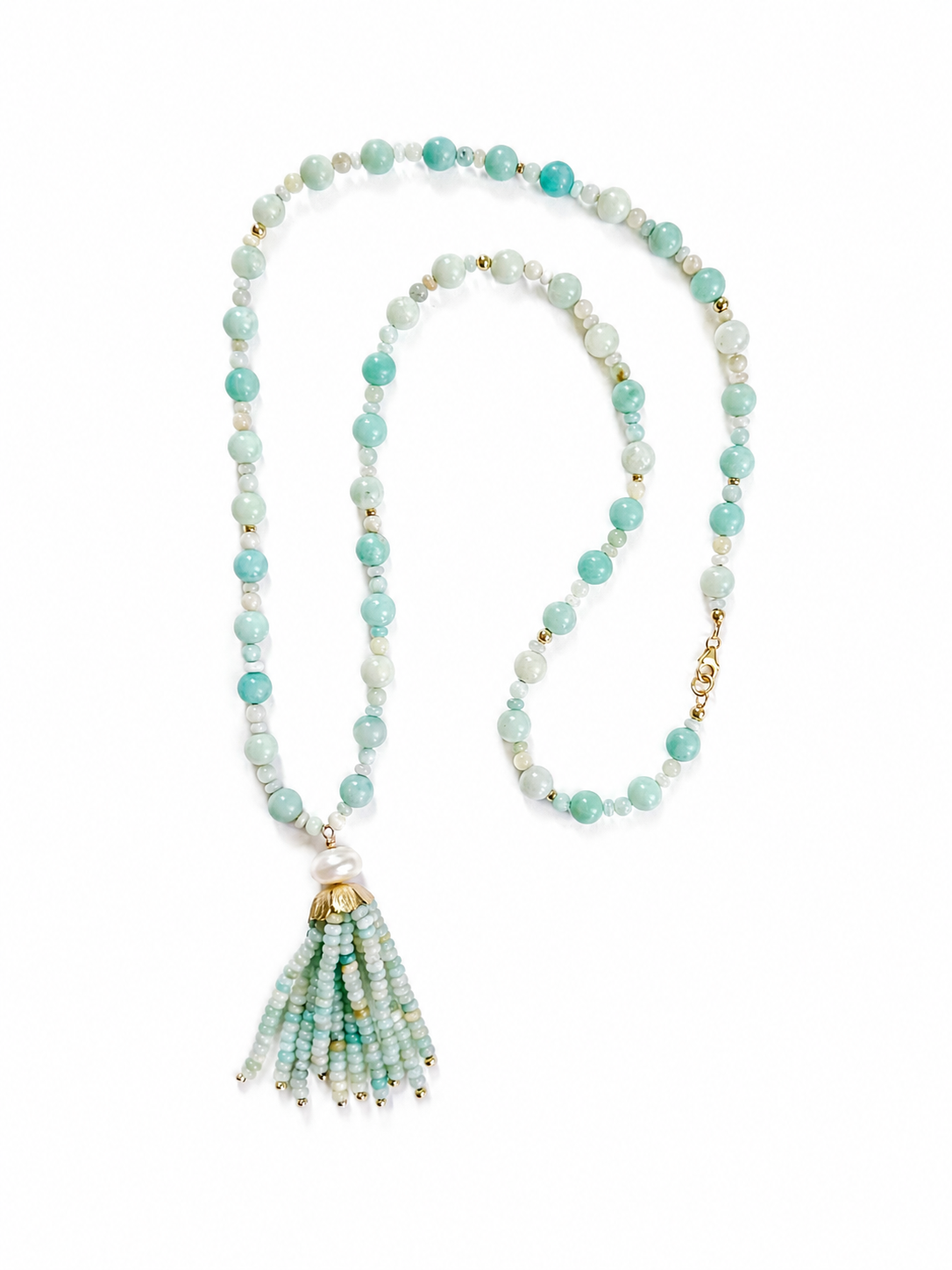Sylvie long amazonite gemstone necklace with freshwater pearl and hand-sewn beaded tassel in 14k gold fill